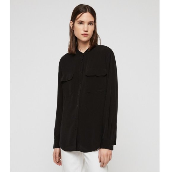 ALLSAINTS Lexi Collarless Button-Down Shirt / XS / Black Blouse - Picture 1 of 12